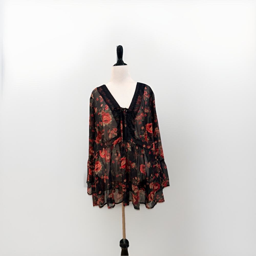 Torrid Top Blouse Black Sheer Red Rose Babydoll Chiffon Floral Plus Size 2 2X